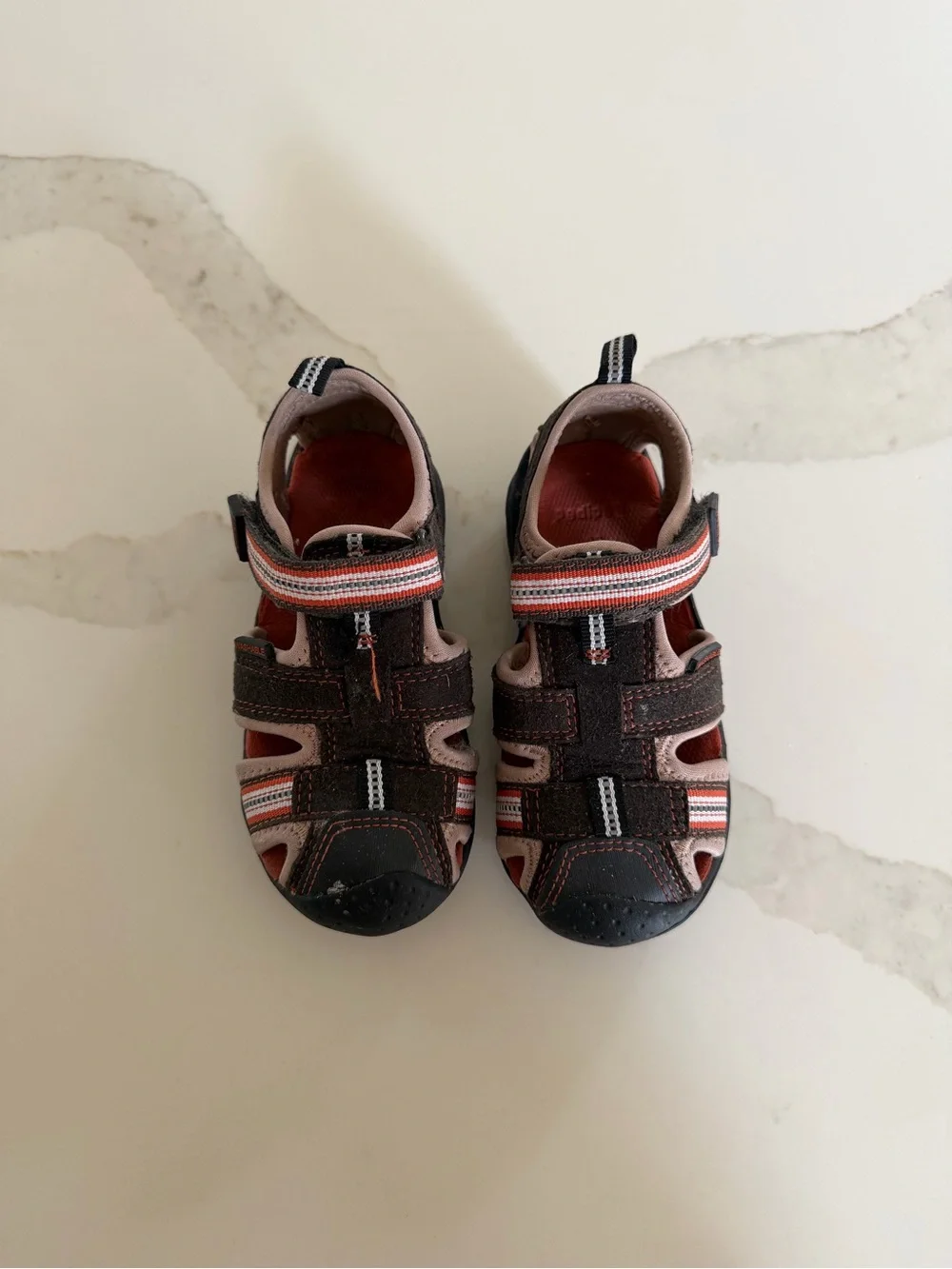 Kids Brown and Pink Closed-Toe Sandals with Red Accents